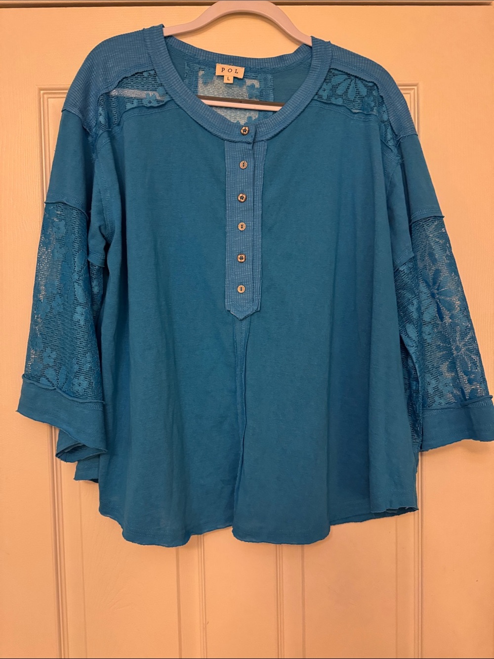 EUC POL BRIGHT BLUE Size Large 3/4 Sleeve Shirt with Lace